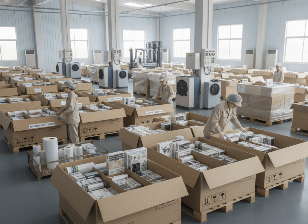 A spacious warehouse scene rendered in soft daylight, displaying cartons of diamond painting kits stacked on pallets