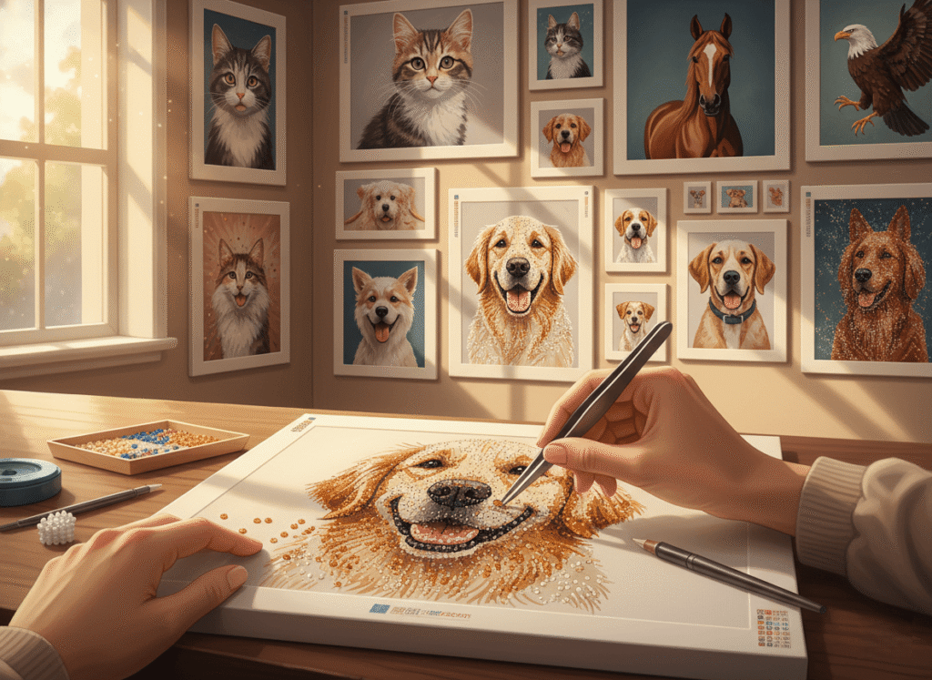 diamond paintings depicting animals—cats, dogs, horses, and eagles
