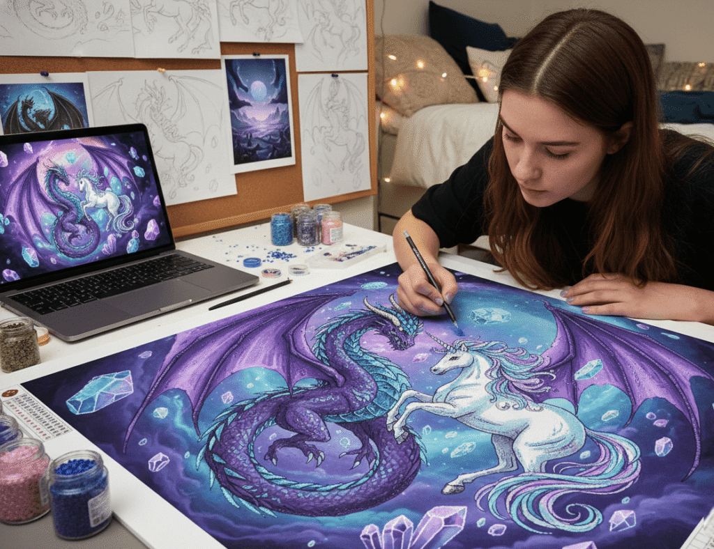 a young artist working on a fantasy diamond painting 
