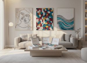 An elegant living room interior decorated with modern abstract diamond paintings