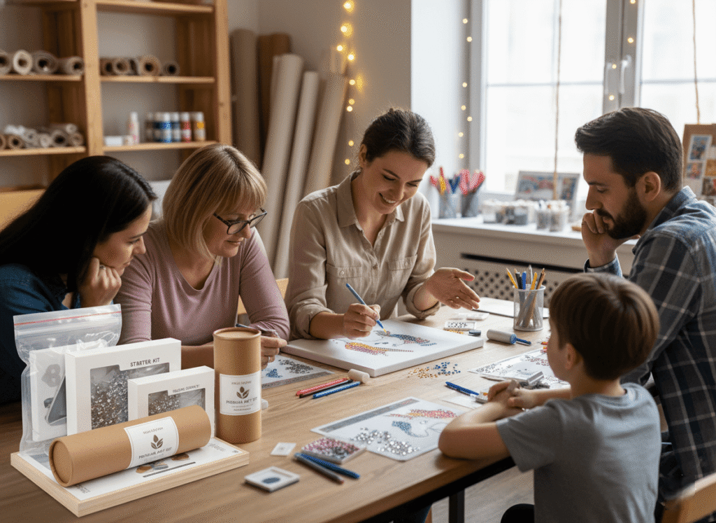 a craft instructor demonstrating how to use a stylus pen to pick up diamonds and place them onto a canvas