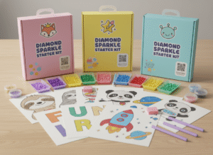 customized beginner diamond painting sets displayed on a tabletop for retail photography