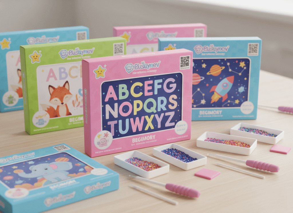 customized beginner diamond painting sets displayed on a tabletop for retail photography
