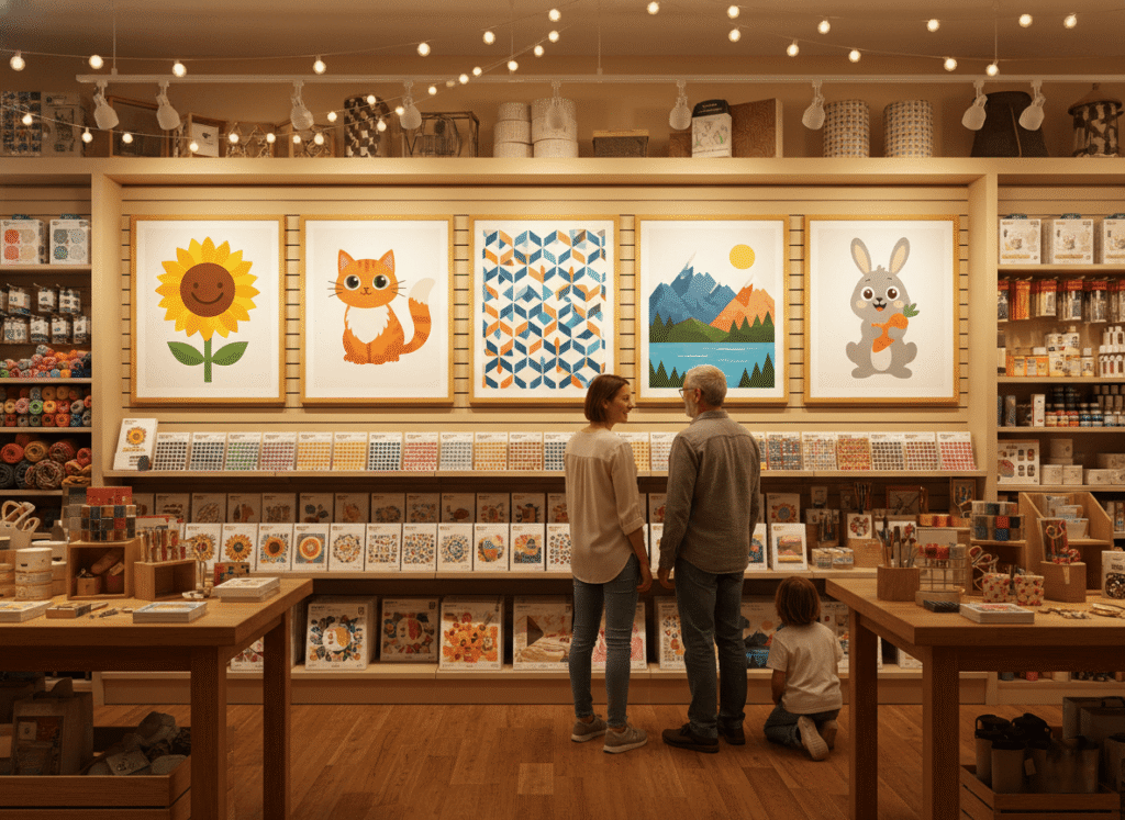 A well-organized retail display wall featuring five beginner diamond painting designs