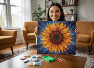 A satisfied beginner crafter proudly holds up her finished diamond painting of a colorful sunflower in a softly lit living room