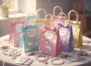 a vibrant child’s birthday party table filled with colorful goodie bags