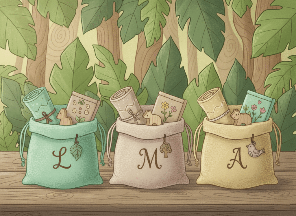 sustainable children’s goodie bags made from recycled fabric and biodegradable materials