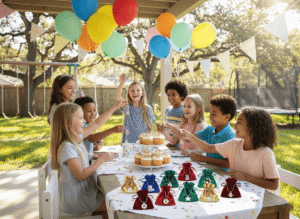 A cheerful children’s birthday party scene in a bright backyard setting, filled with colorful balloons, cupcakes, and paper garlands