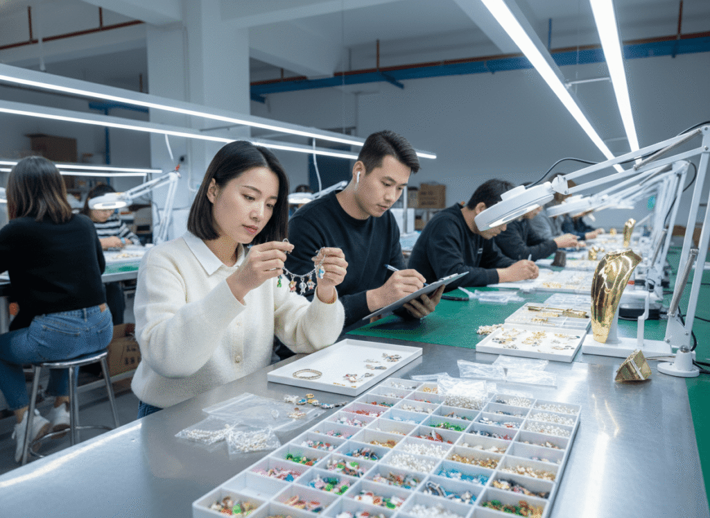 workers inspect small children’s charm bracelets