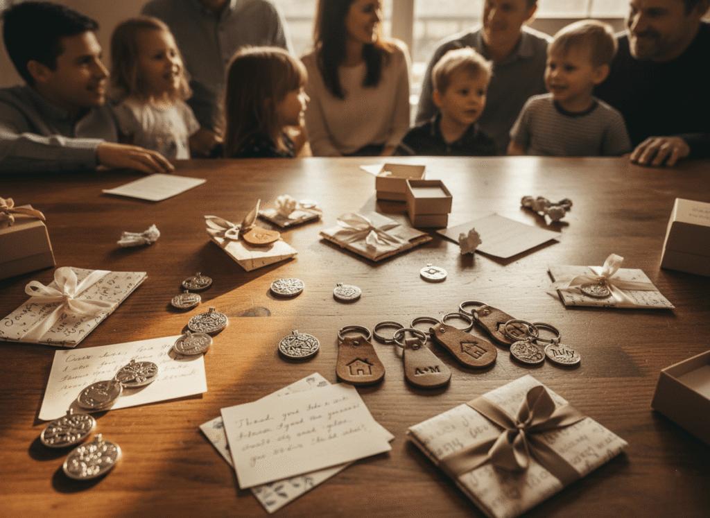 an elegant wooden table filled with small keepsakes