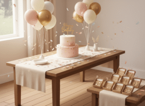 A cozy birthday party scene captured from a mid‑wide angle, showing a beautifully decorated table with balloons, pastel confetti, and a cake centerpiece.