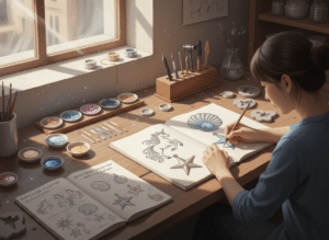 A creative workshop scene where a designer sketches themed charms—unicorns, seashells, and stars—beside metal samples and enamel color palettes.