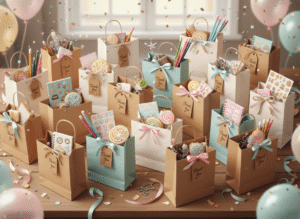colorful goodie bags suitable for guests of all ages — toddlers, tweens, and adults