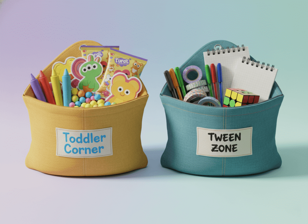 An organized comparison between two open pouches labeled “Toddler Corner” and “Tween Zone.”