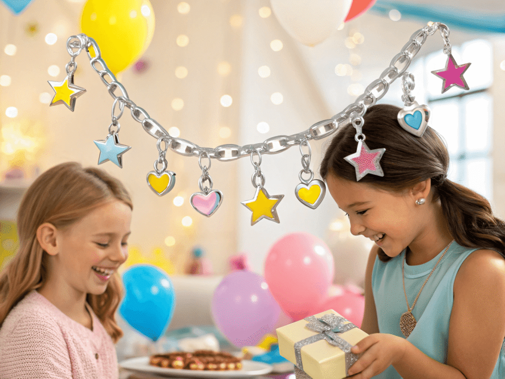 children receiving personalized jewelry favors