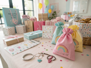 a modern children’s birthday party scene, showing a colorful table filled with eco-friendly goodie bags