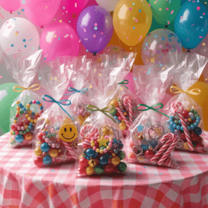 a kid’s birthday party table filled with colorful goodie bags