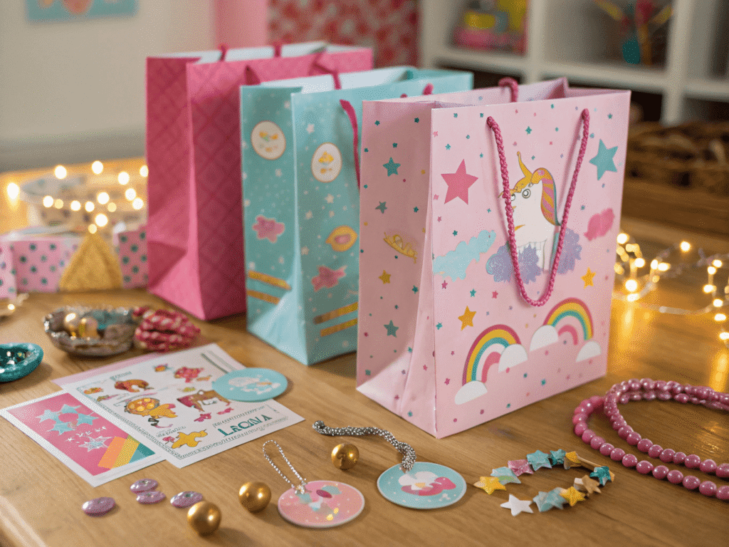 a vibrant child’s birthday party table filled with colorful goodie bags