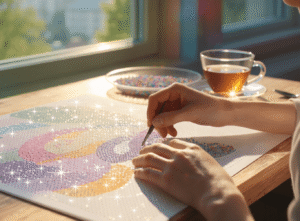a person engaged in diamond painting on a brightly lit desk