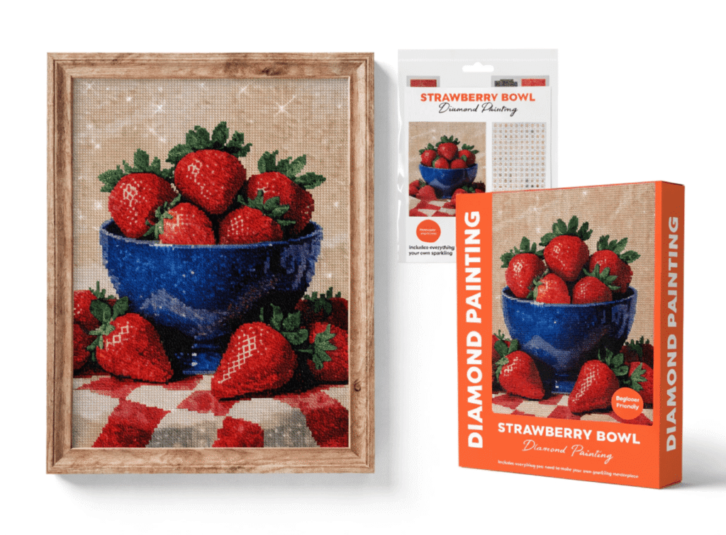 A professional product mockup showing a completed diamond painting artwork beautifully framed beside its retail packaging