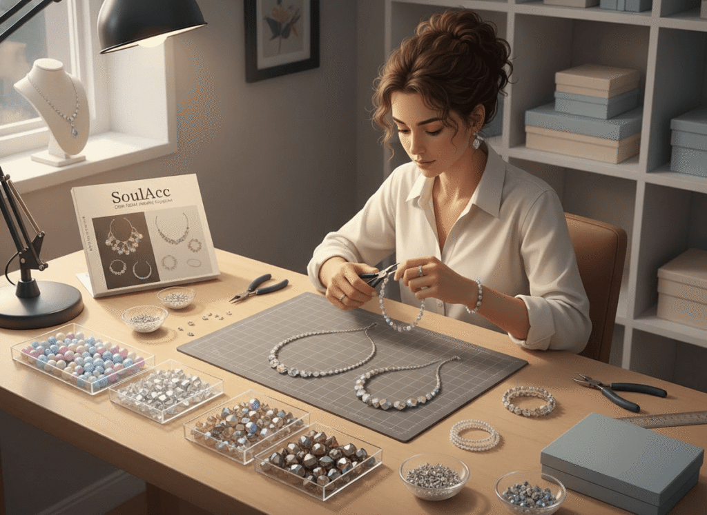  a jewelry designer assembling crystal bead bracelets 