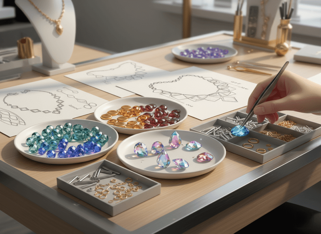 a modern jewelry design studio table with trays of crystal beads in various shapes—bicones, rondelles, briolettes—spread beside sketches of necklaces and earrings.