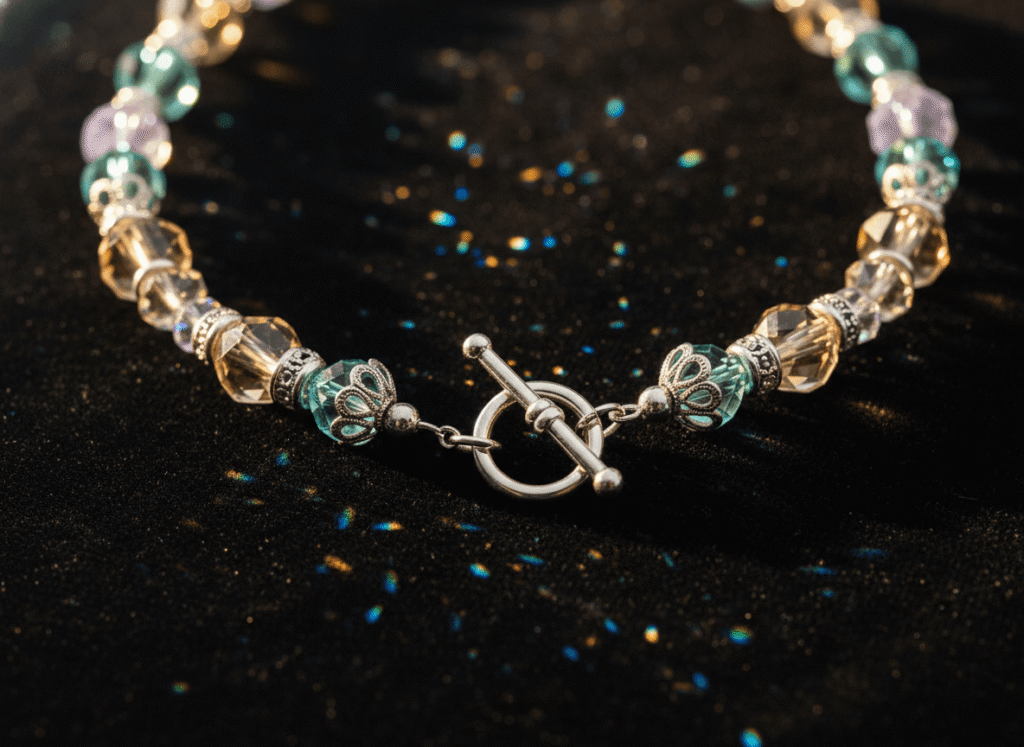 a crystal-beaded necklace illuminated under warm studio lighting