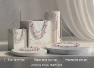 crystal-bead jewelry collections displayed on minimalist marble stands