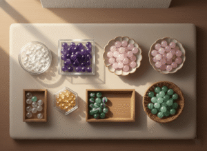various types of crystal beads, including clear quartz, amethyst, rose quartz, citrine, fluorite, and aventurine beads