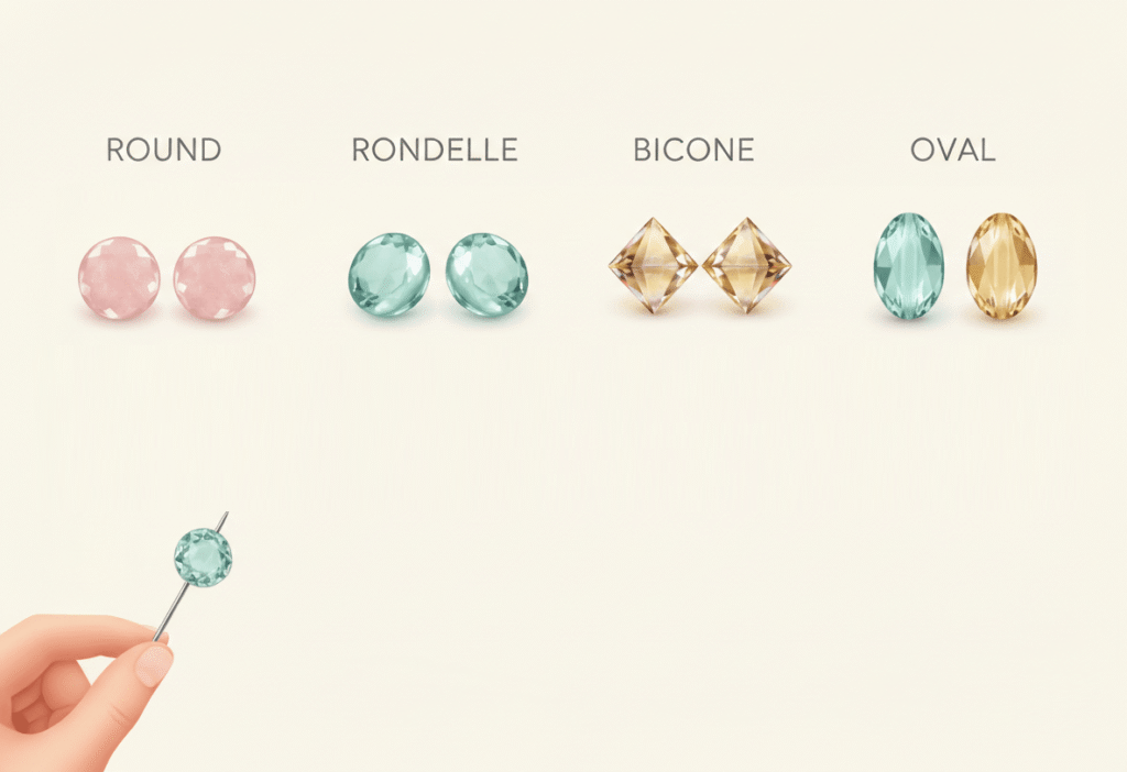 different bead cuts for beginners: round, rondelle, bicone, and oval shapes