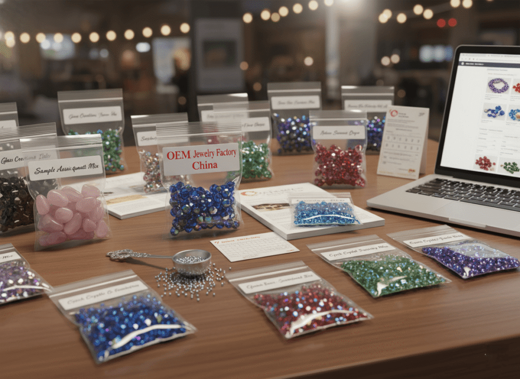 several small crystal bead sample packs from different international suppliers