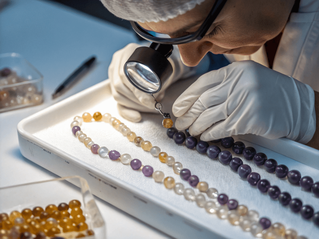 a jewelry QC technician examining crystal beads