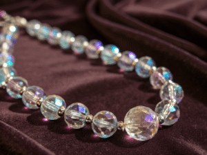 a crystal-beaded necklace illuminated under warm studio lighting
